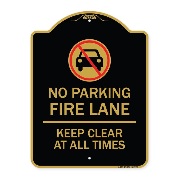 Signmission Fire Lane Keep Clear All Times W/ Graphic, Black & Gold Aluminum Sign, 18" x 24", BG-1824-23984 A-DES-BG-1824-23984 - main